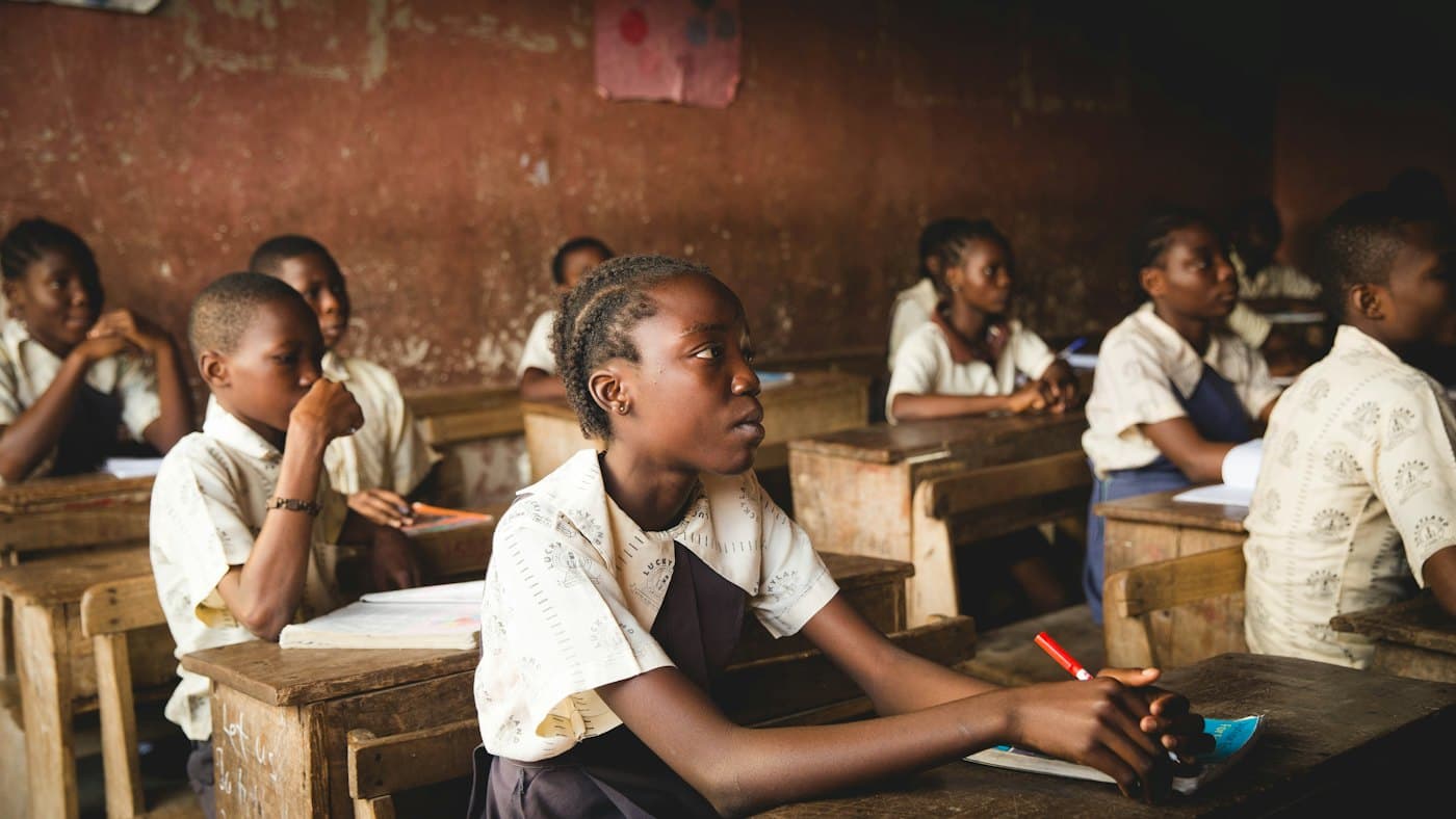 Pupils at their desks in a classroom in Lagos, Nigeria