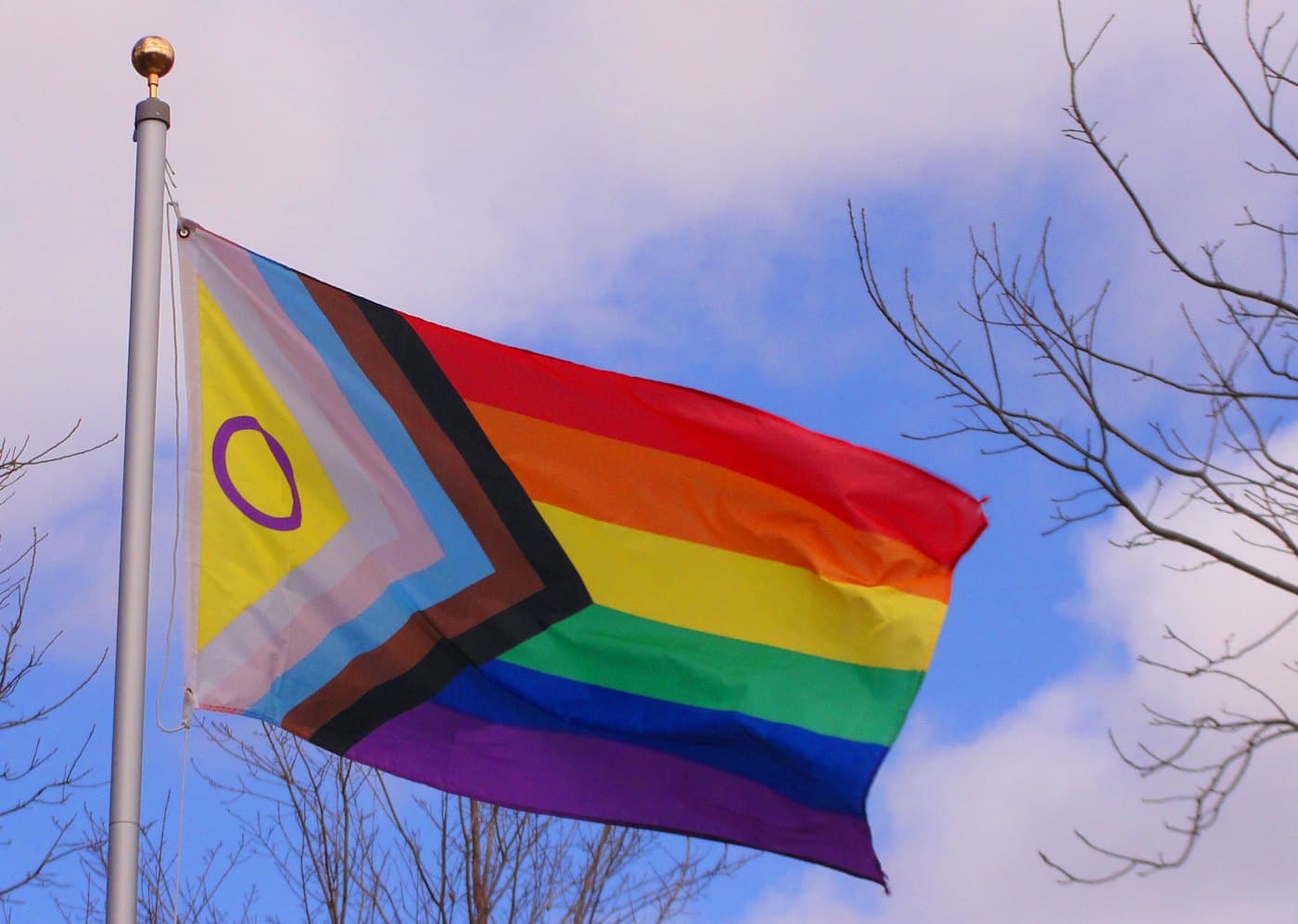 A Progress Pride flag waving against a blue sky
