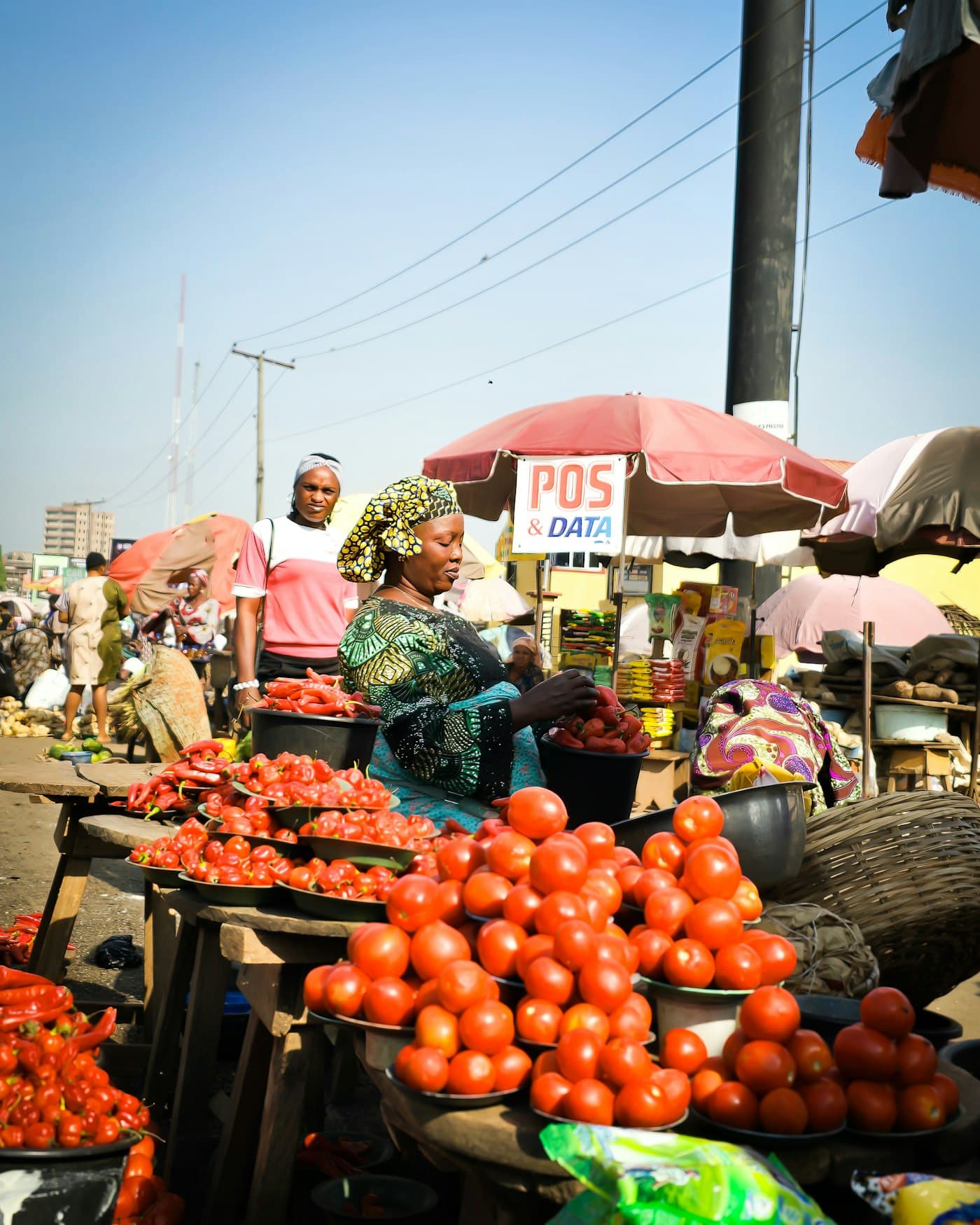 Women selling tomatoes at a busy outdoor market